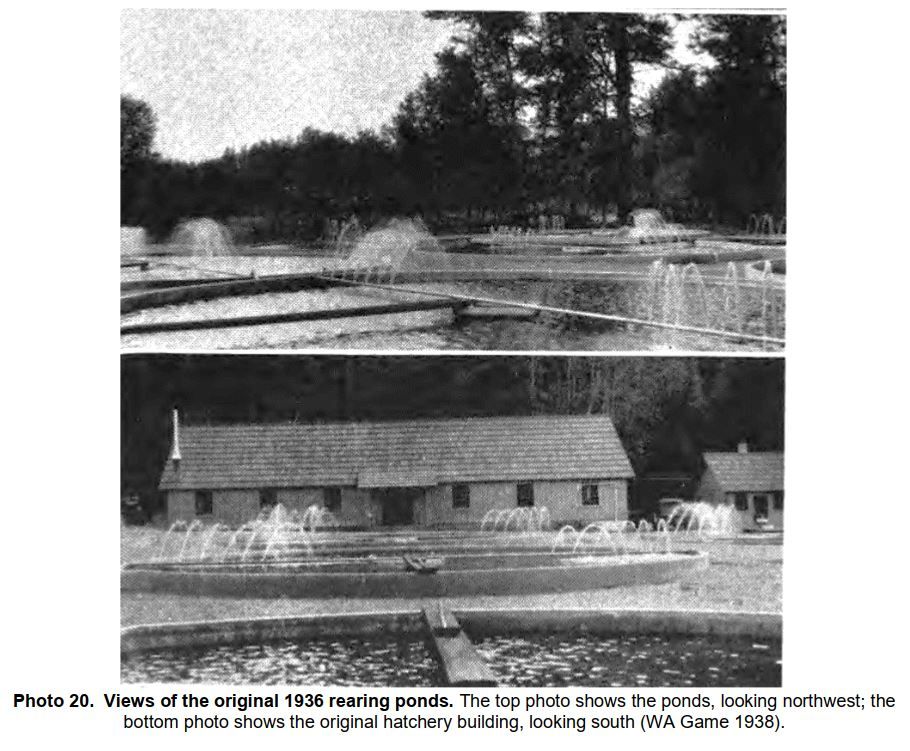 1936 photographs of Spokane Fish Hatchery rearing ponds and building