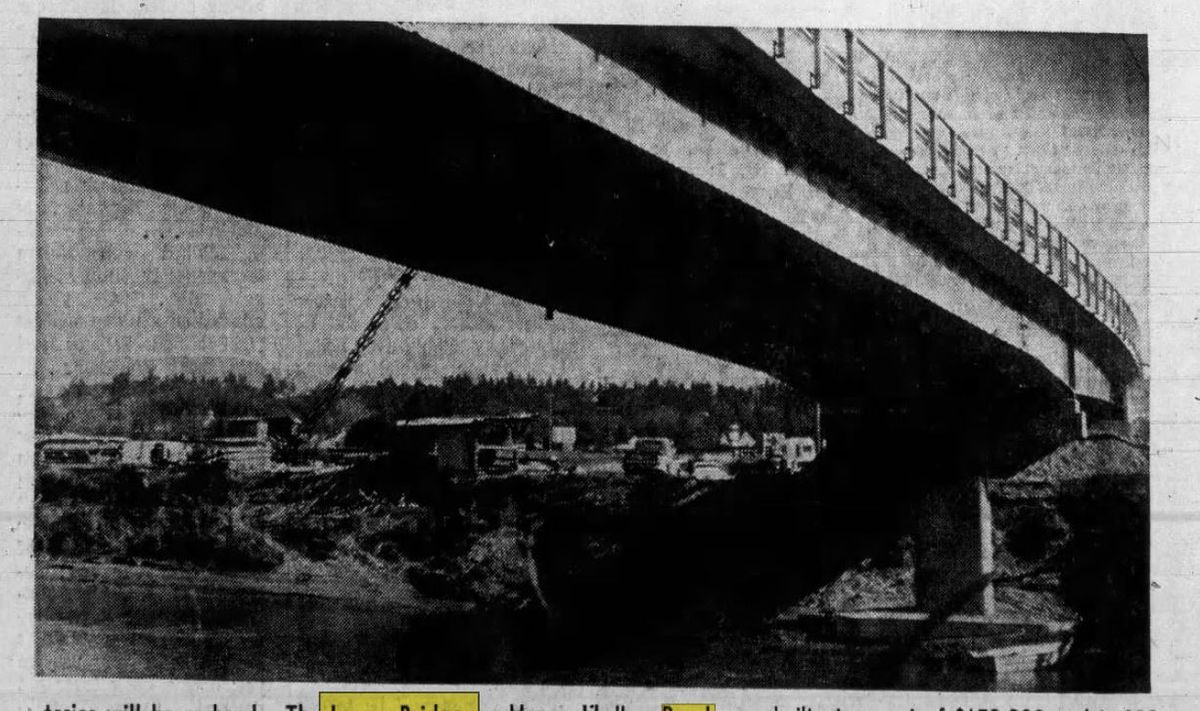1963 Daily Herald photograph of Larson Road Bridge construction over the Stillaguamish River