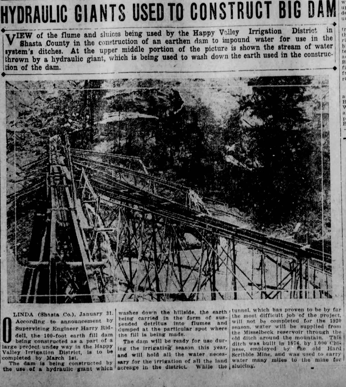 1920 Sacramento Bee article showing hydraulic giants and flumes constructing Misselbeck Dam for the Happy Valley Irrigation District